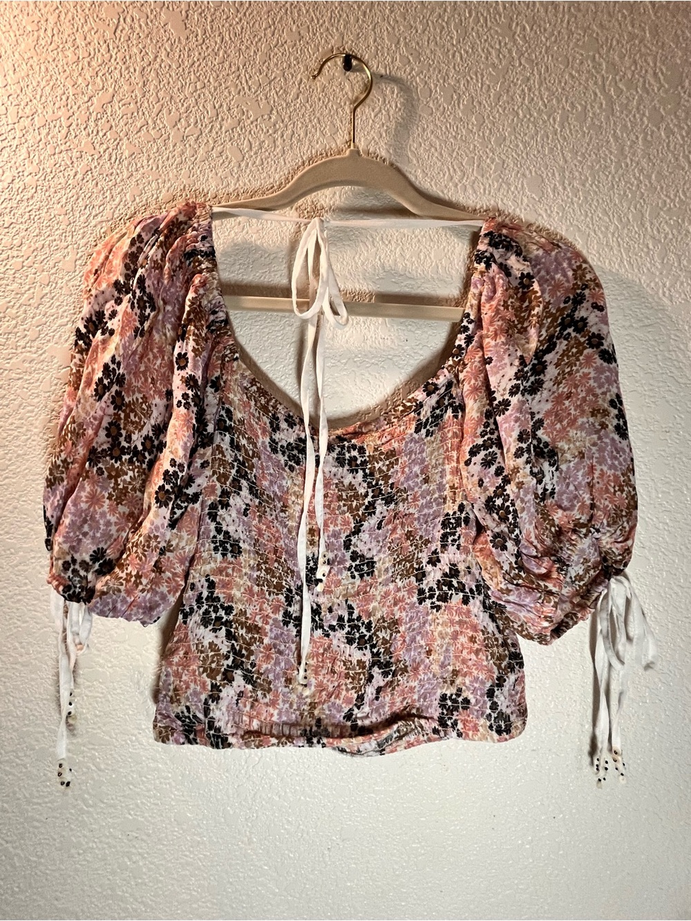 Free People NWT Back On Top Smocked Crop Top Soft Combo Floral Blouse XS S $98 - Picture 5 of 10
